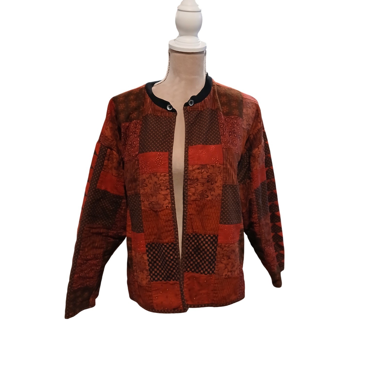 Handmade Quilted Patchwork Jacket Rust Red Open F… - image 1