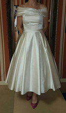 Elegant Wedding Dresses Satin Off Shoulder Tea Length A Line Bridal Gowns