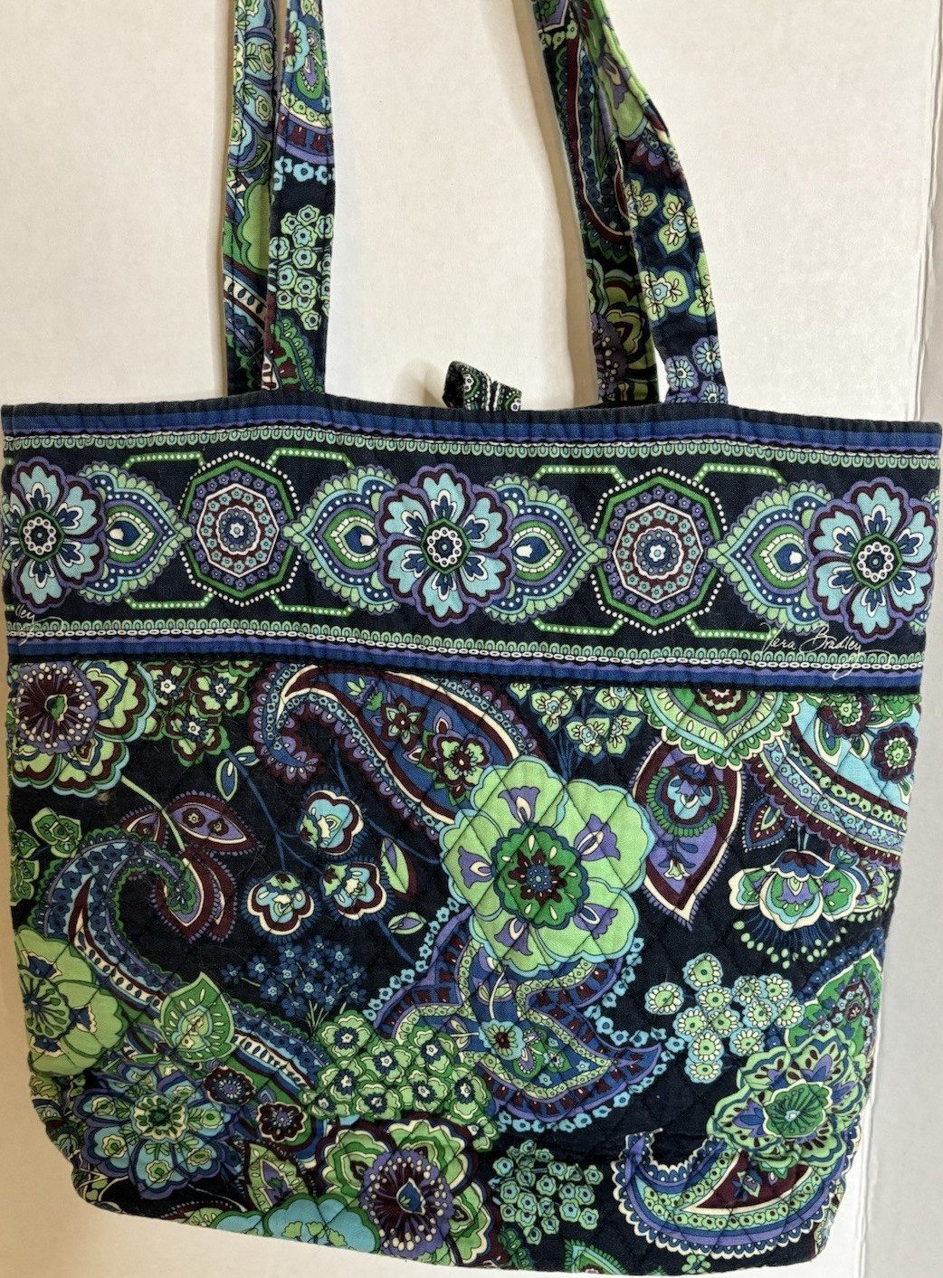 Vera Bradley Paisley Floral Tote Bag Blue Green Toggle Closure Inner Pockets