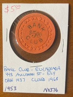 BANK CLUB 5$ Chip Orange ARODIE Mold Ely Nevada White Pine Co N0376
