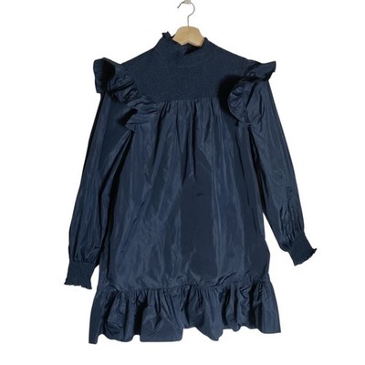 Cinq a Sept Navy Blue Ruffle Mock Neck Mini Dress Mixed Media Smocked Cuffs