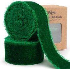 Emerald Green Velvet Ribbon 1-1/2 Inch X 6 Yd Crinkled Handmade Frayed Vintage