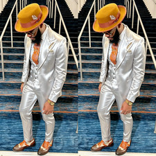 Men's Silver Satin 3 Piece Suit Slim Fit Peak Lapel Formal Blazer Vest Pants
