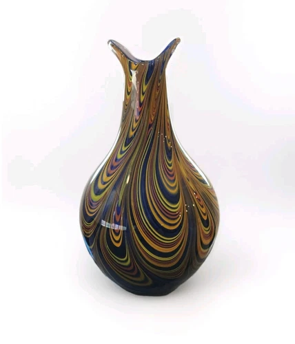 Murano Style V Neck Vase Multi-colored  Blue Orange Swirls Unsigned 10"