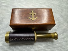 vintage Nautical Brass leather wrapped Mini Telescope Spyglass w/ Wooden Box