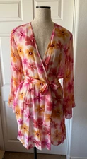 Lejaby Paris Pink Multicolor Floral Print 100% Silk Short Kimono Wrap Robe - L