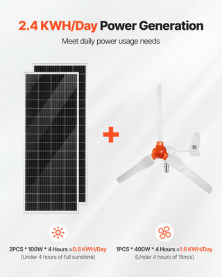 12V 600W Solar Wind Power Kit, 2PCS 100W Solar Panel + 400W Wind Turbine + 12.8
