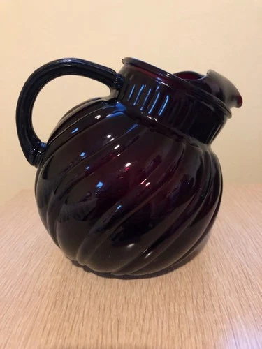Anchor Hocking Royal Ruby Red Ribbed Glass Tilted Ball Pitcher Vintage 1950's