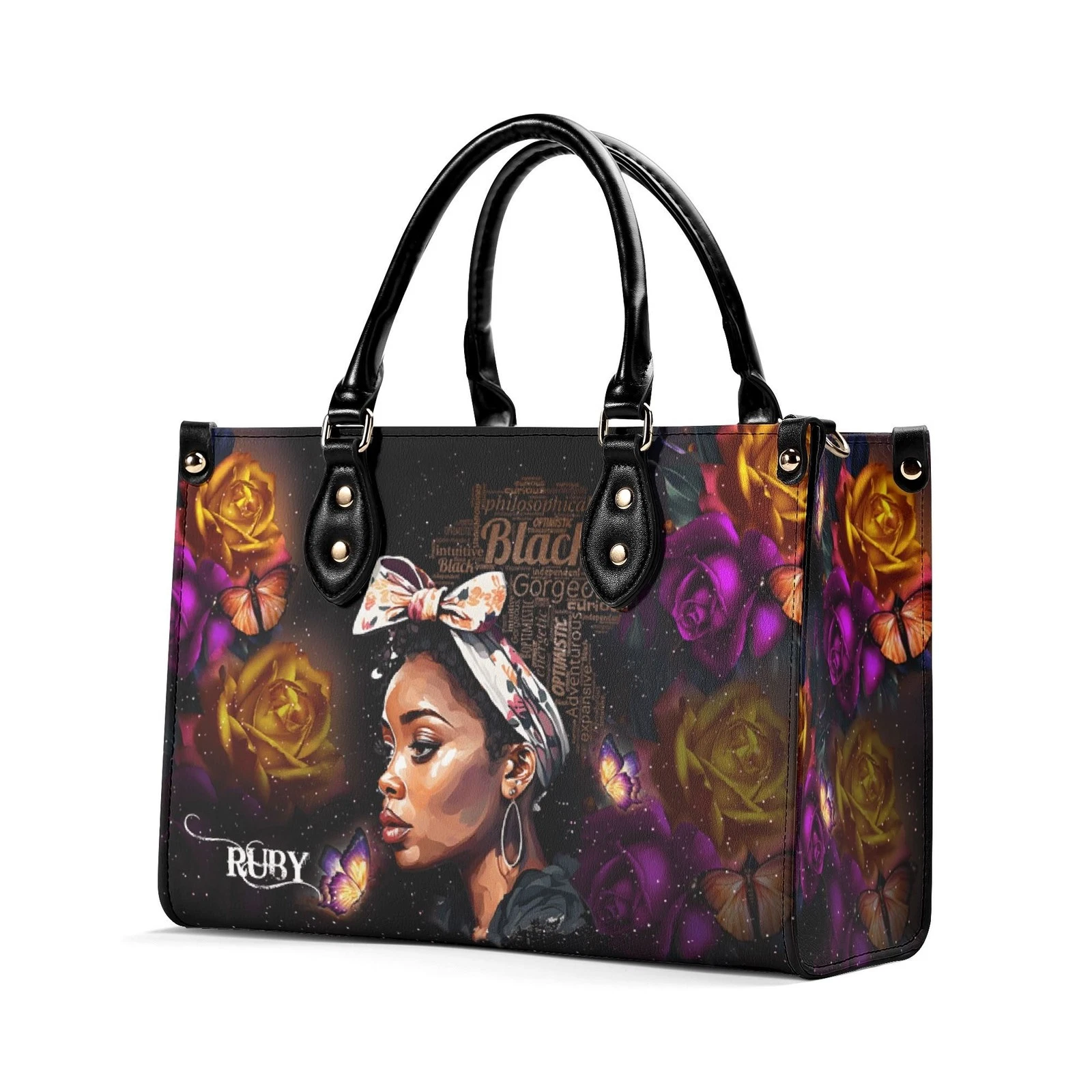 Black Woman Leather Handbag, Afrocentric Bag with Flowers and Butterflies