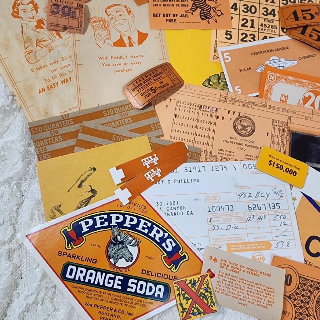 35 pc paper pack orange ephemera vintage paper ephemera lot tickets labels etc x