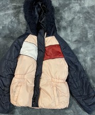 Tommy Hilfiger Girls Pink /Navy Puffer Jacket Coat With Faux Fur Hood Size XL 16