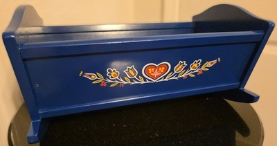 HABA Wood Doll Rocker Cradle Blue w/ Painted Flowers Hearts -Excellent Condition