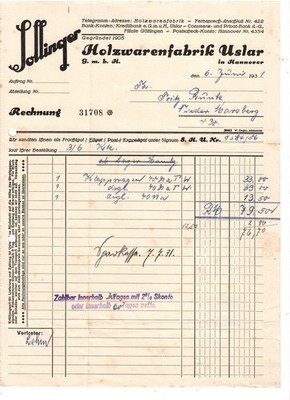 E3-A) Old invoice Sollinger GmbH Holzwarenfabrik Uslar 1931