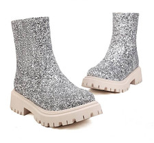 Occident Women's Sequins Zip Platform Ankle Boots Formal Party Casual Club Shoes
