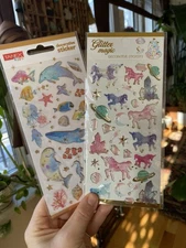Lot Of 2 Sheets Sparkly Kawaii 3D Epoxy Stickers: Fantasy, Unicorns, Whales