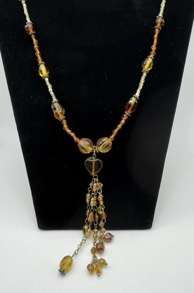 "Collar de cuentas de vidrio borla boho color ámbar miel 24"" nuevo con etiquetas" Foto 3 de 4