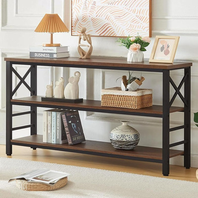 Rustic Industrial Sofa Table with 3 Tiers, Entryway Console, 55 Inch Brown