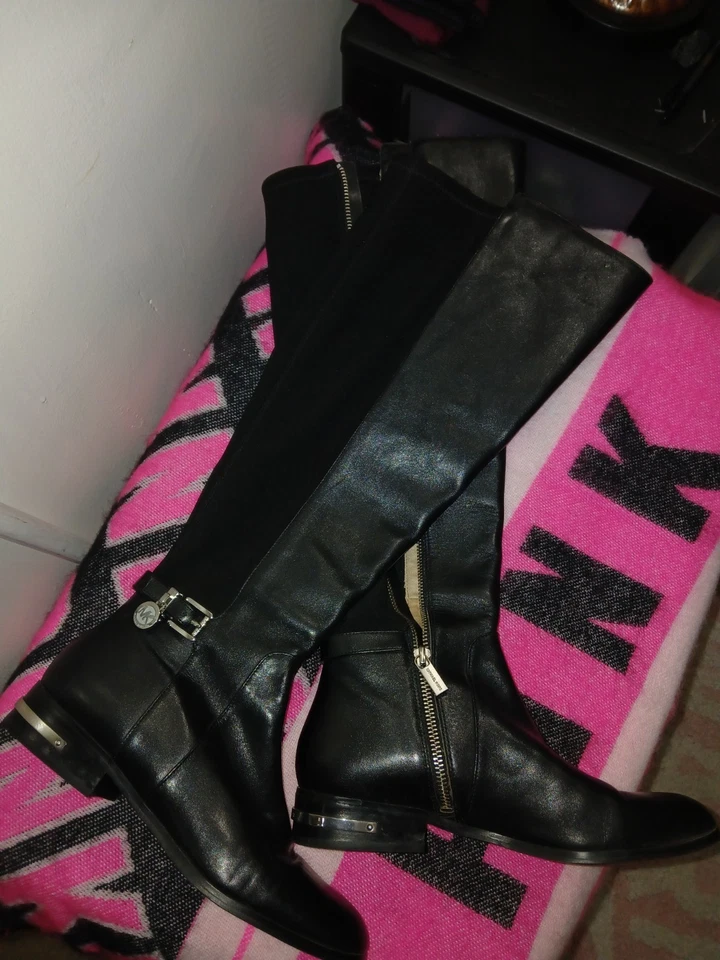 Botas altas de cuero Michael Kors hasta el muslo talla 7,5 para mujer detalles plateados con cremallera Foto 2 de 4