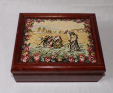 VTG Wood Carved Trinket Jewelry Box Needlepoint Tapestry Top Flowers People