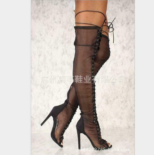 Womens Hollow Mesh Peep Toe Lace Up Over Knee Thigh Boots High Heels  Stilettos | eBay