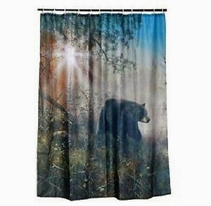 Black Bear Shower Curtain Set Cabin Hunting Outdoor Bathroom Decor