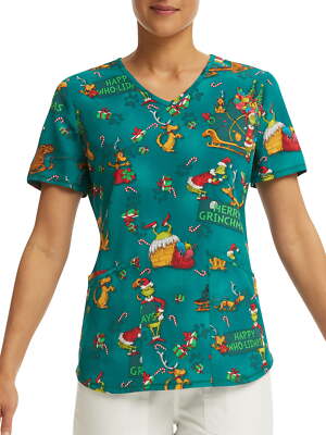 Scrubstar Women's Dr. Suess Merry Max V-Neck Print Scrub Top Size 3X