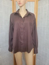 Large Lady Hathaway Shirt Womens Brown Plain Button Up Long Sleeve Collared Top