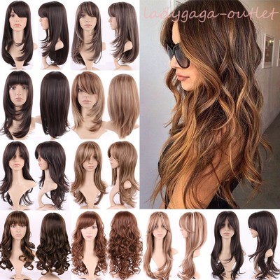 Women Long Wig with Bangs NEW Curly Wavy Stylish Party Costume Hair Full Wigs US