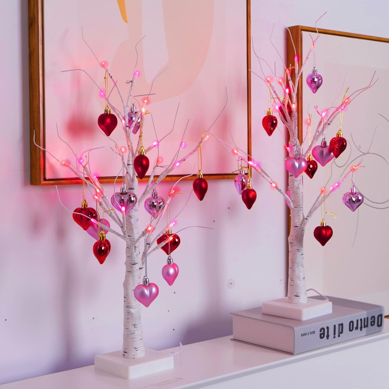 2Pack Valentines Day Decor Lighted Birch Tree with Heart-Shaped Ornaments,Usb&Ba