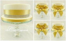 Gold Satin Ribbon Bows Diamante Rhinestone Hearts Cake Topper Options
