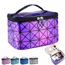 Geometric Makeup Organizer Glitter Bag Large Cosmetic Case Storage Handle Travel