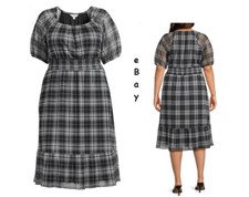 Terra & Sky Women's Plus Size Smocked Mesh Dress - Plaid - Black White 1X 16-18