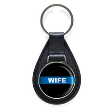 Police Thin Blue Line Wife Black Leather Keychain Silver Keyring Military Gift