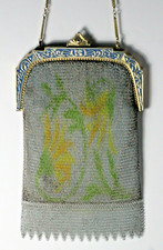 Antique 1920's Art Deco Metal Mesh Dresden Blue Enameled Frame Evening Purse