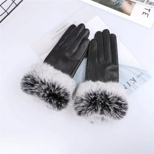 Women Genuine Lambskin Leather Gloves With Real Rabbit Fur Trim Cuff Winter Warm - Picture 13 of 13