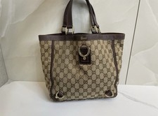 Vintage Gucci GG DRingCanvas Leather Tote Bag Brown Pockets Double Handles Gold