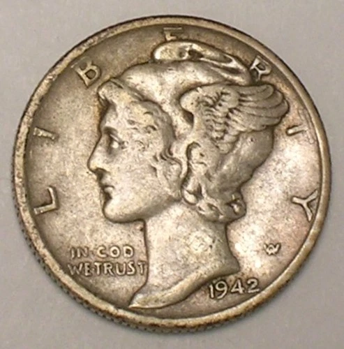 1942 S Mercury Winged Head Dime 10 Cents Silver Coin VF+