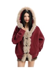 Big Fur Collar Hooded Sweater Female Autumn Winter Knitted Cardigan Top