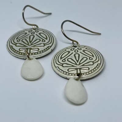 Vintage Morrocan Earrings Gold Tone White Enamel Artisan Handmade Dangle Drop