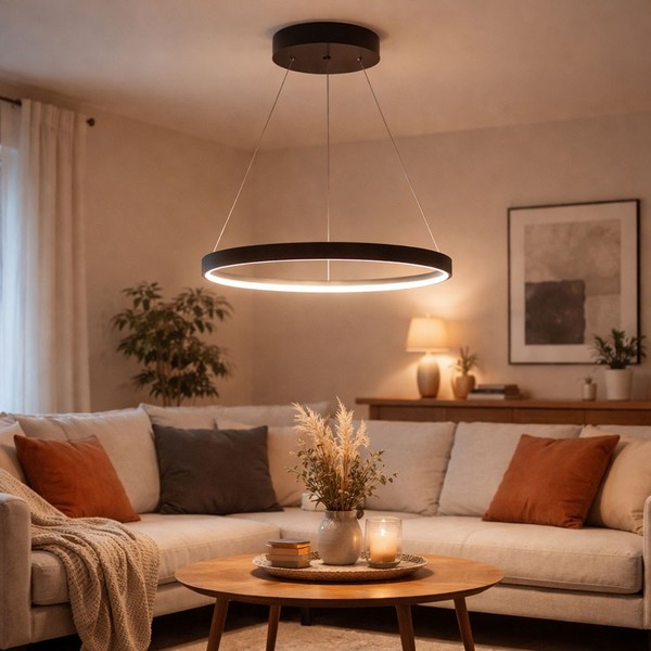 HäNgeleuchte Pendelleuchte HäNgelampe Ringoptik Metall Schwarz Matt Led H 120Cm-image
