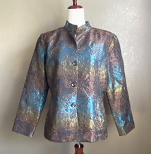 Chico's Teal Blue Brown Embroidered Soutache Mandarin Collar Jacket Sz 2 L