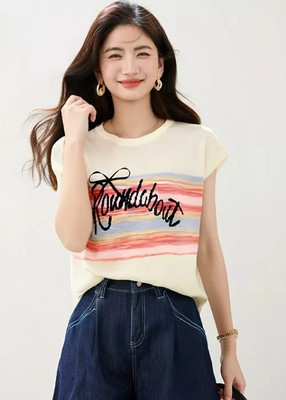 Sommershirt beige mehrfarbig mit Schriftzug bestickt lässig cool CF47405