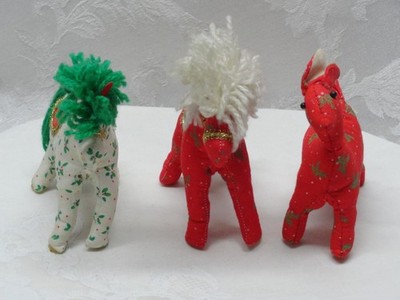 Lot Vintage Fabric Horse Pony Ornaments Red & White w Green Mane Holiday Trio