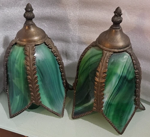 vintage tiffany style  GREEN SLAG GLASS TULIP LAMPSHADE pair  crack