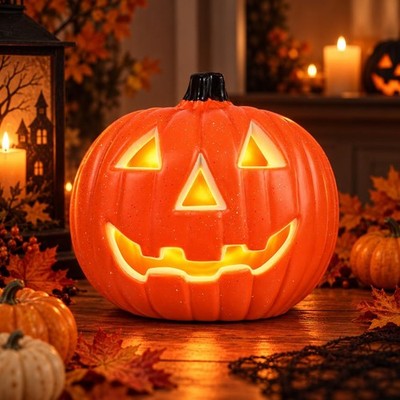 Kürbis Lampion Kunststoff 20x20x15 cm leuchtend Tisch Deko für Halloween
