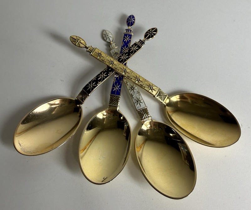 J Tostrup Norway .925 Sterling Silver Gilt Enamel Star Spoon Set 4 88g NR MCM