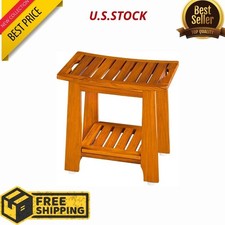 14" Compact Teak Shower Stool with Shelf  Handle Waterproof Non-Slip Bath Bench