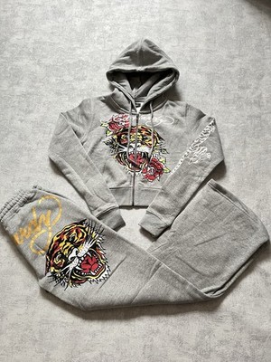 Ed Hardy Damen Trainingsanzug-Set Grau Reißverschluss-Hoodie Tigerprint Gr. S