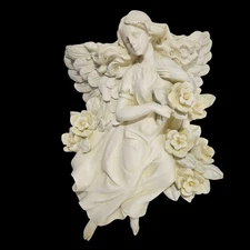 Angel Wall Hanging Sculpture WMG 2005 Floral Wings Ivory 3D Relief Vase