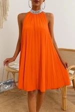 Orange Halter Sequin Collar Pleated A-Line Sleeveless Mini Dress Choose SM or XL
